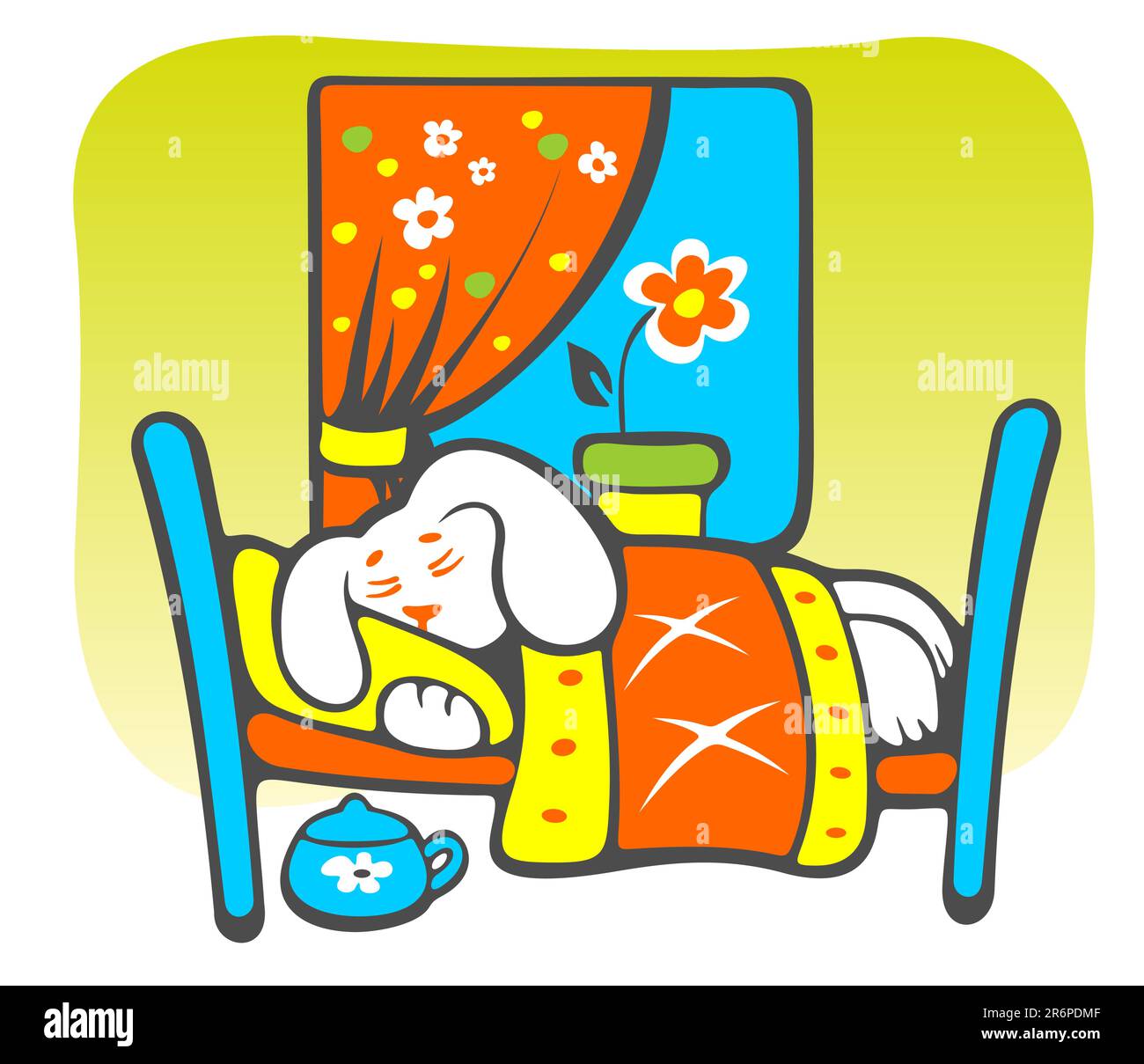 Cheerful sleeping cartoon puppy  on a green background. Stock Vector