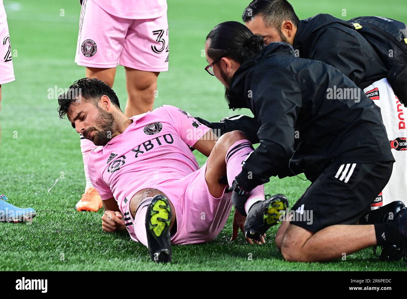 June 10, 2023; Inter Miami forward Corentin Jean (14) lies injured on the  pitch during the first half against the New England Revolution in  Foxborough Massachusetts. Eric Canha/CSM(Credit Image: © Eric Canha/Cal