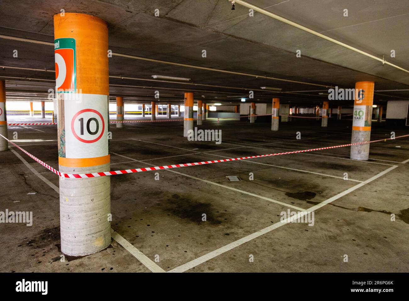 MELBOURNE, AUSTRALIA - APRIL 29: The carpark at Greensborough Plaza has been taped off due to COVID 19 on 29 April, 2020 in Melbourne, Australia. Stock Photo