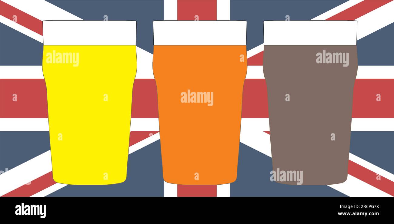 Three pints of British beer including lager, bitter and stout over