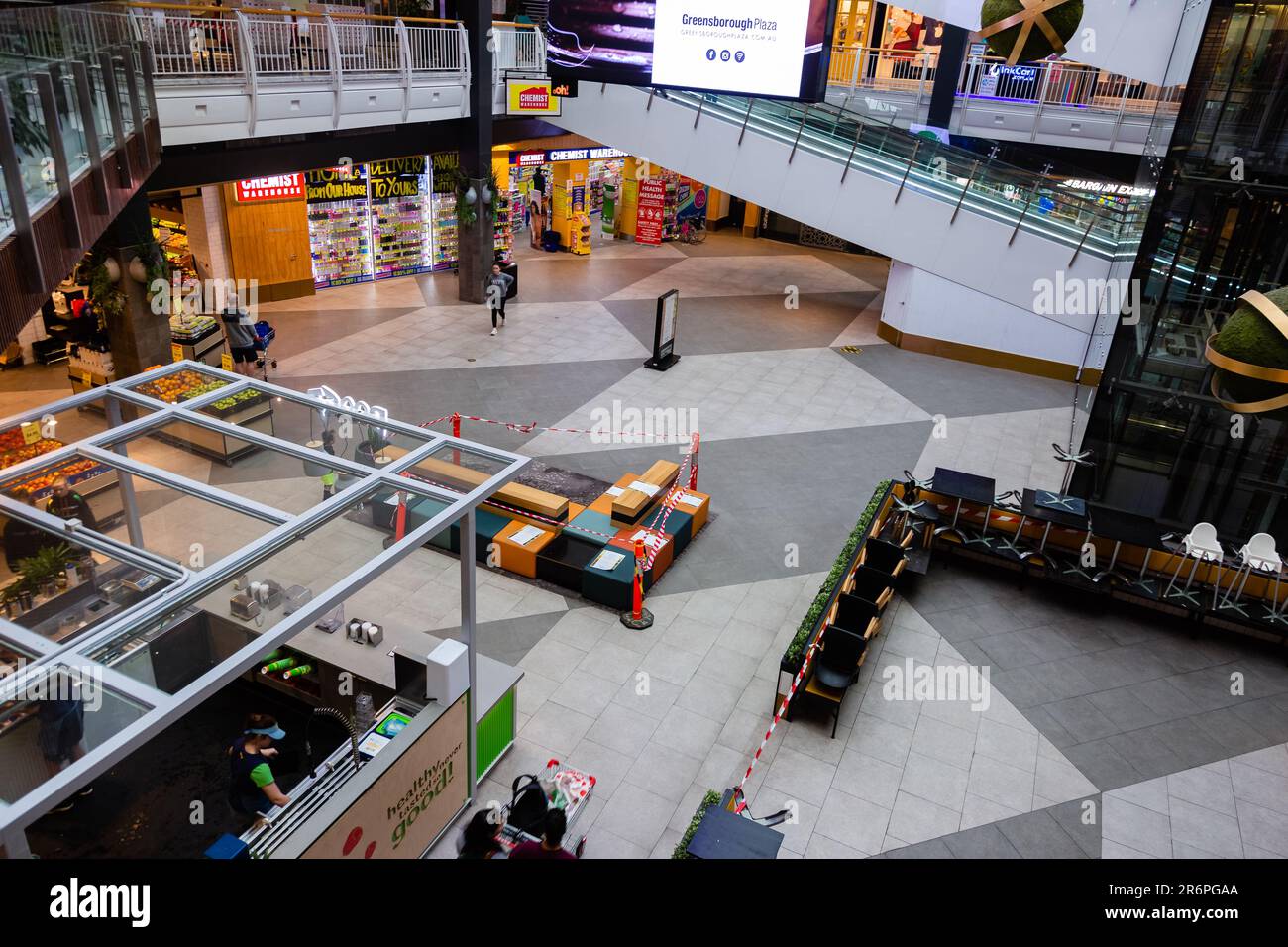 MELBOURNE, AUSTRALIA - APRIL 29: The Greensborough Plaza remains largely empty during COVID 19 on 29 April, 2020 in Melbourne, Australia. Stock Photo