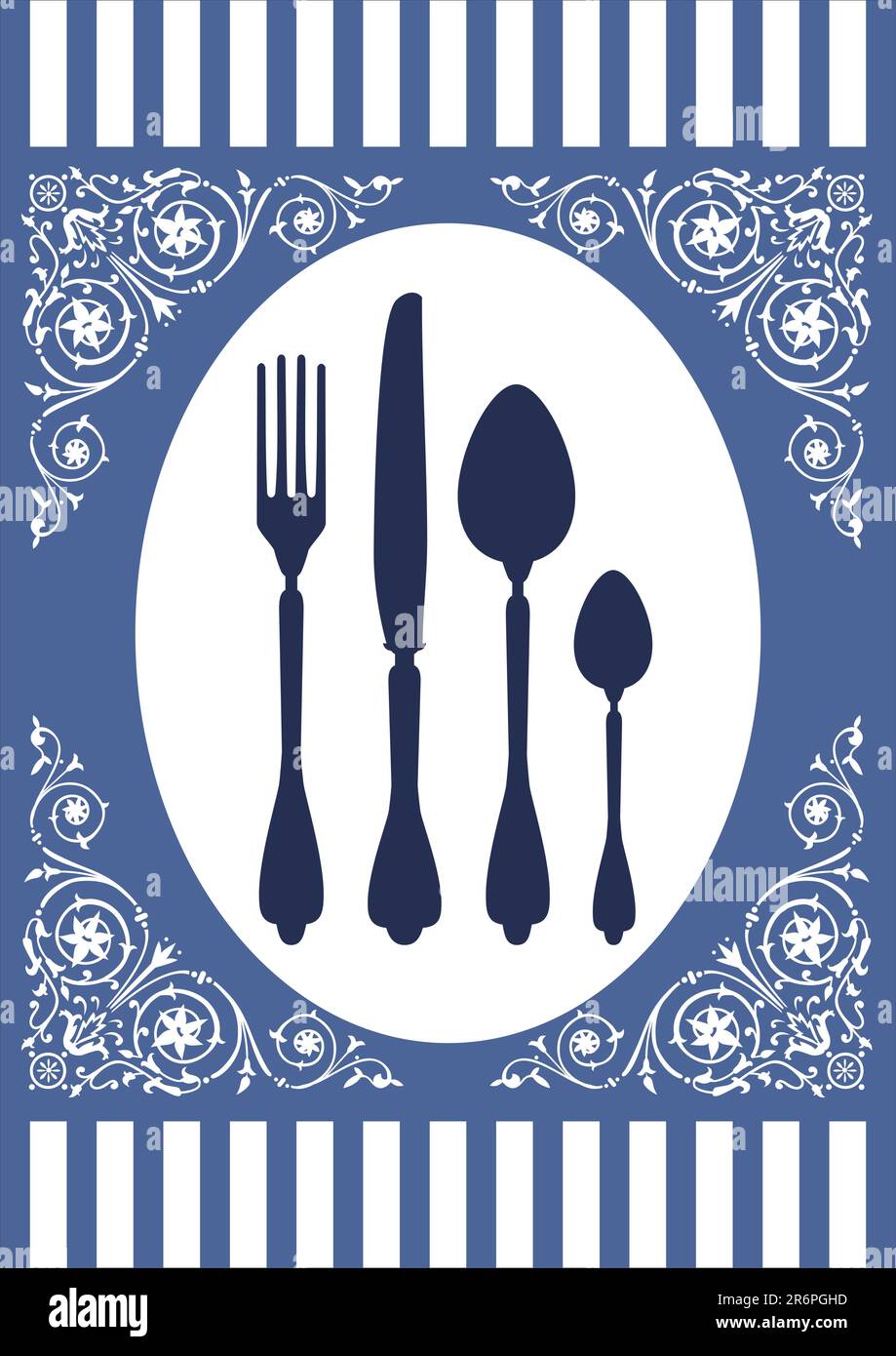 Place setting with fork, spoon and knife and ornaments. Design for food or restaurant menu card on a blue background. Full scalable vector graphic Stock Vector