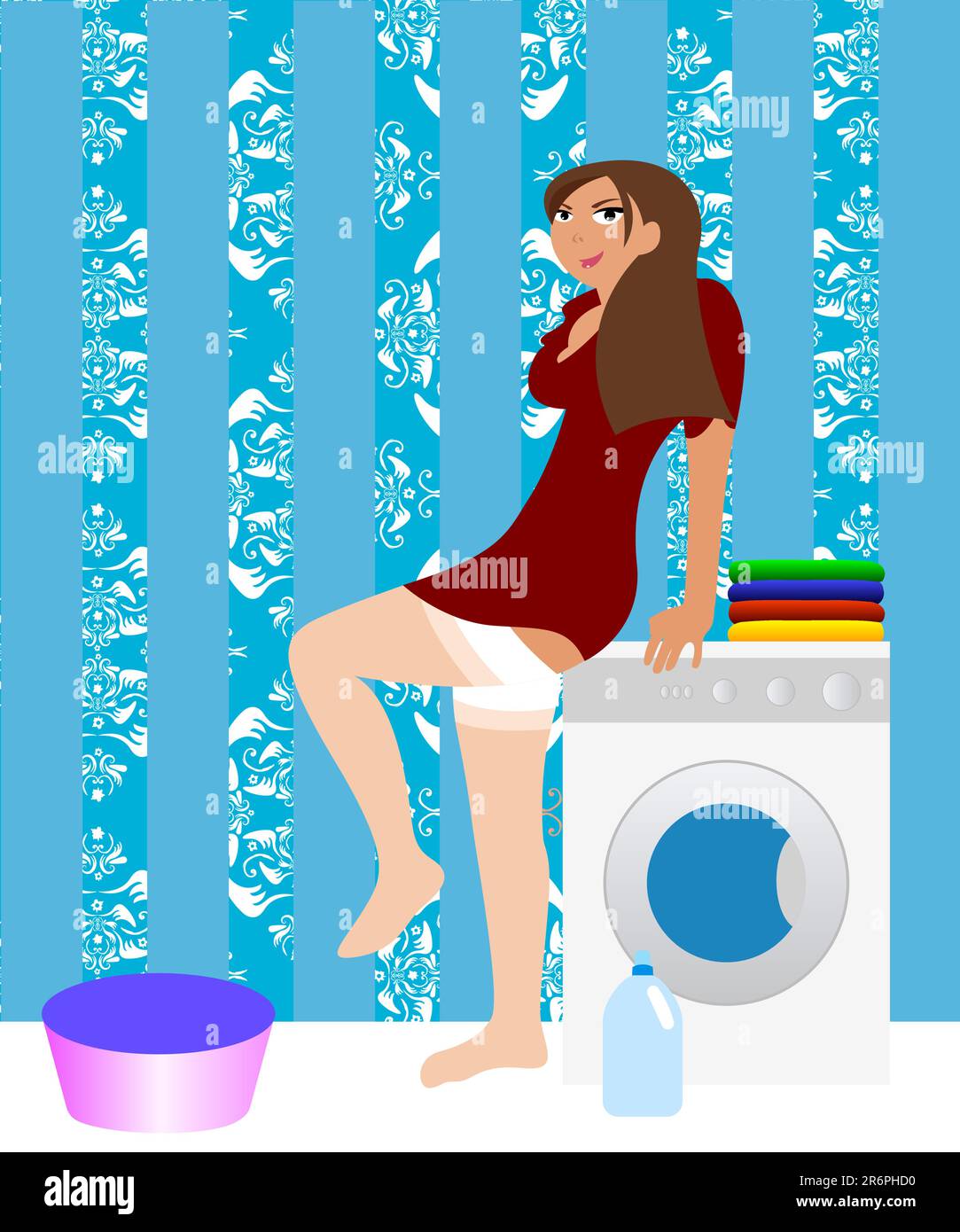Housewife in the laundry sitting on washing machine Stock Vector