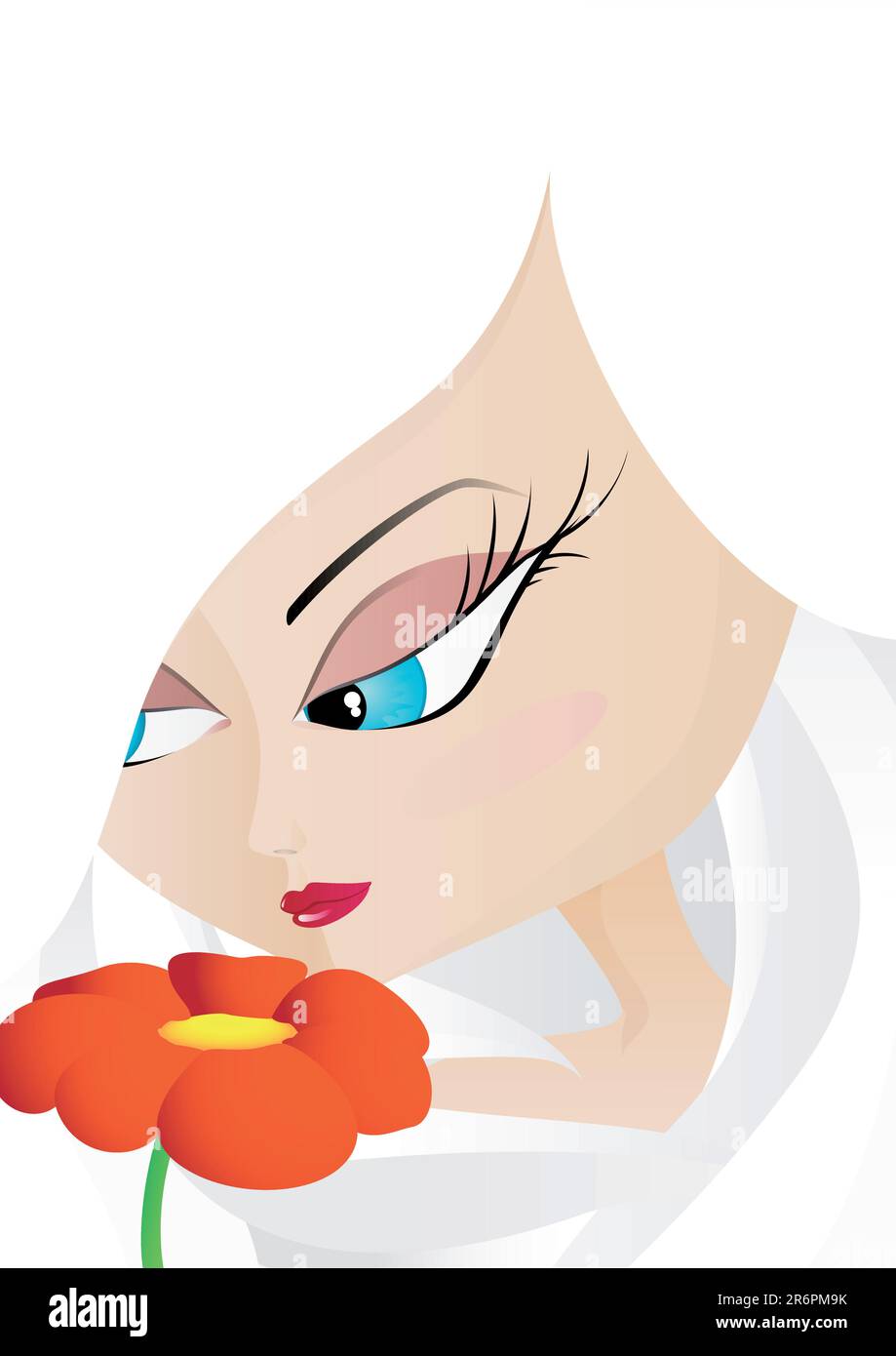 Illustration of a young girl wondering over a flower Stock Vector