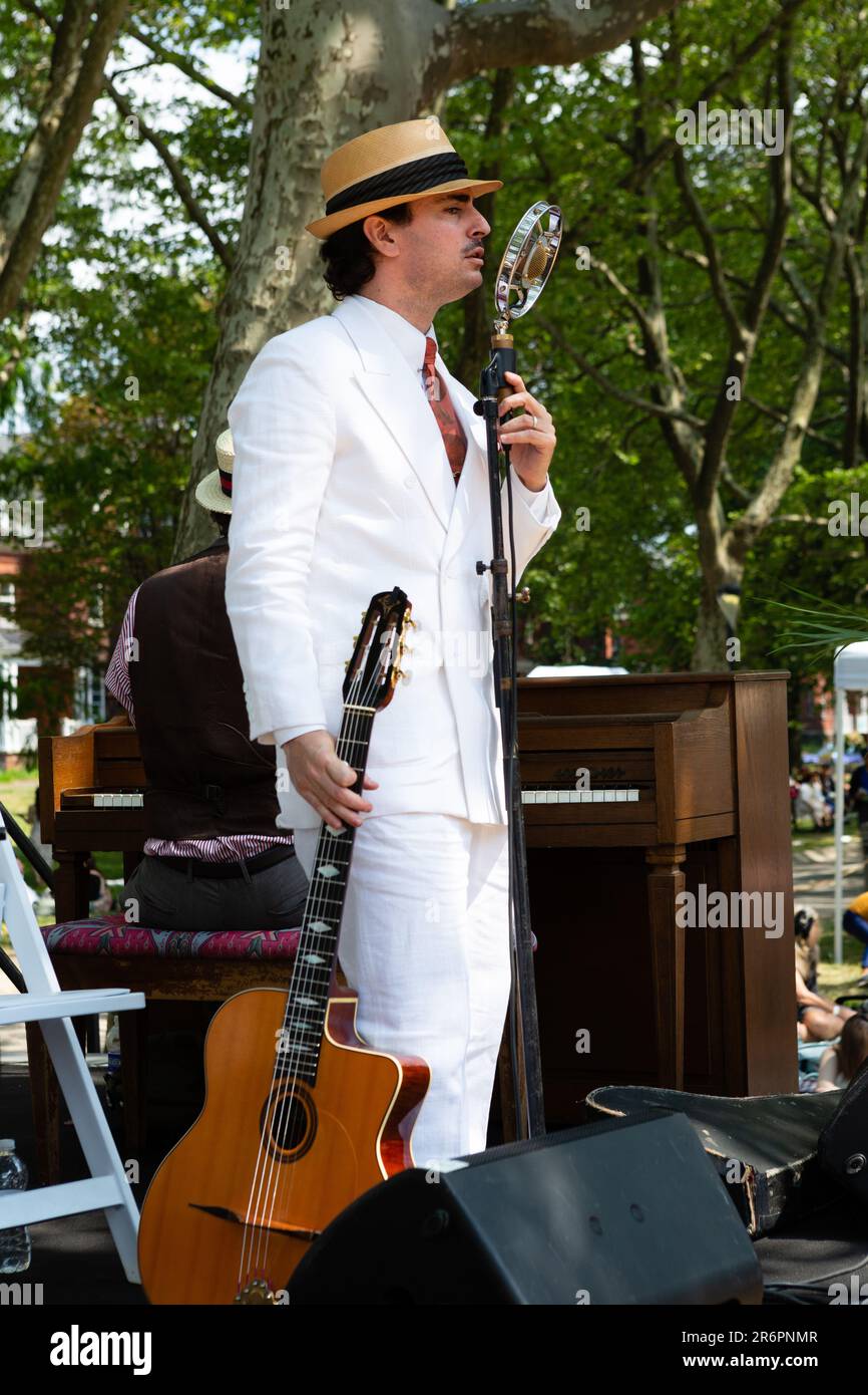New York, NY, USA. 10th June, 2023. Governors Island was the site of the 18th Jazz Age Lawn Party, produced by Michael Arenella and his Dreamland Orchestra, an afternoon of 1920s music, costume, and picnicking. Charlie Roman and his band on the second stage. Credit: Ed Lefkowicz/Alamy Live News Stock Photo