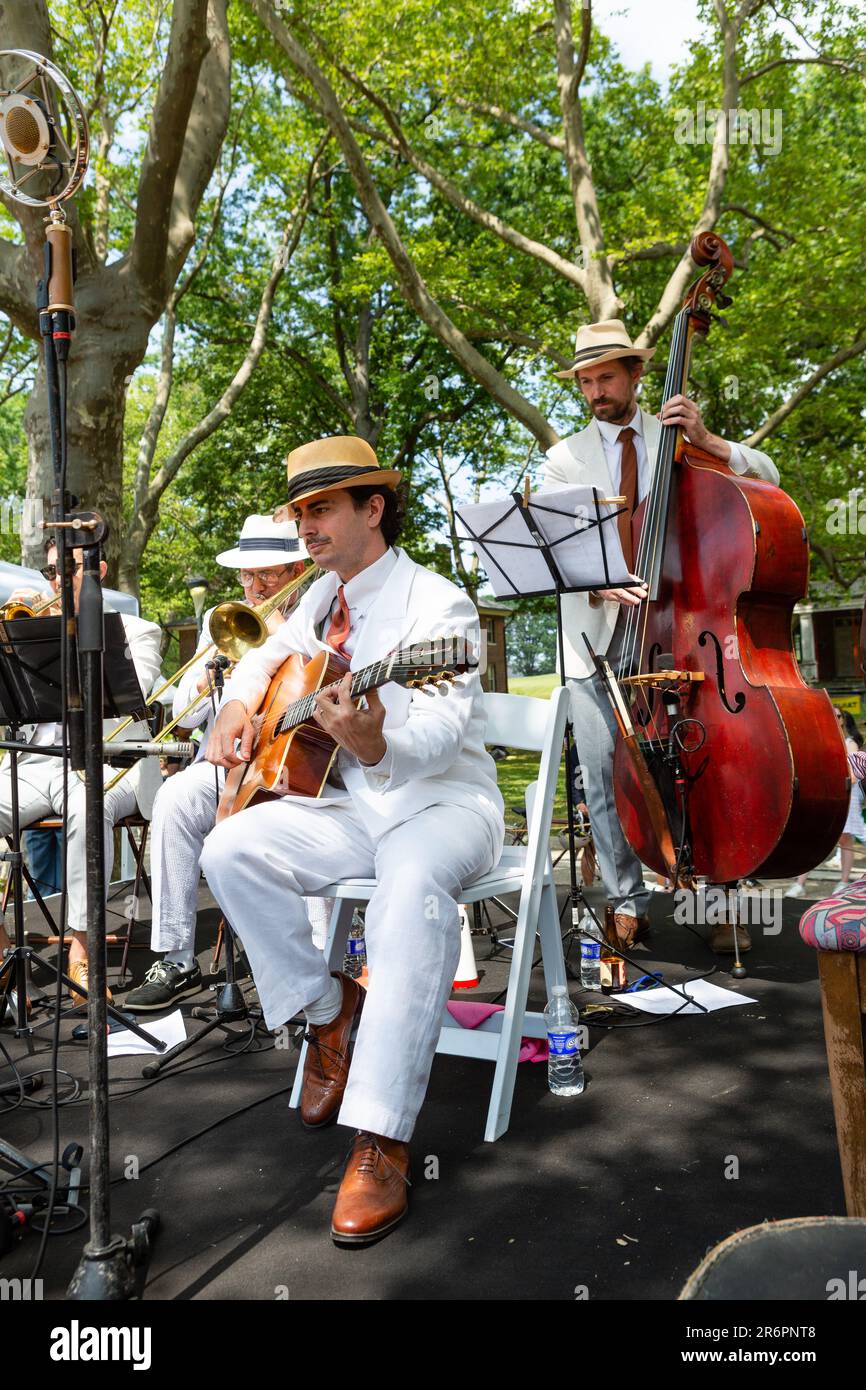 New York, NY, USA. 10th June, 2023. Governors Island was the site of the 18th Jazz Age Lawn Party, produced by Michael Arenella and his Dreamland Orchestra, an afternoon of 1920s music, costume, and picnicking. Charlie Roman and his band on the second stage Credit: Ed Lefkowicz/Alamy Live News Stock Photo