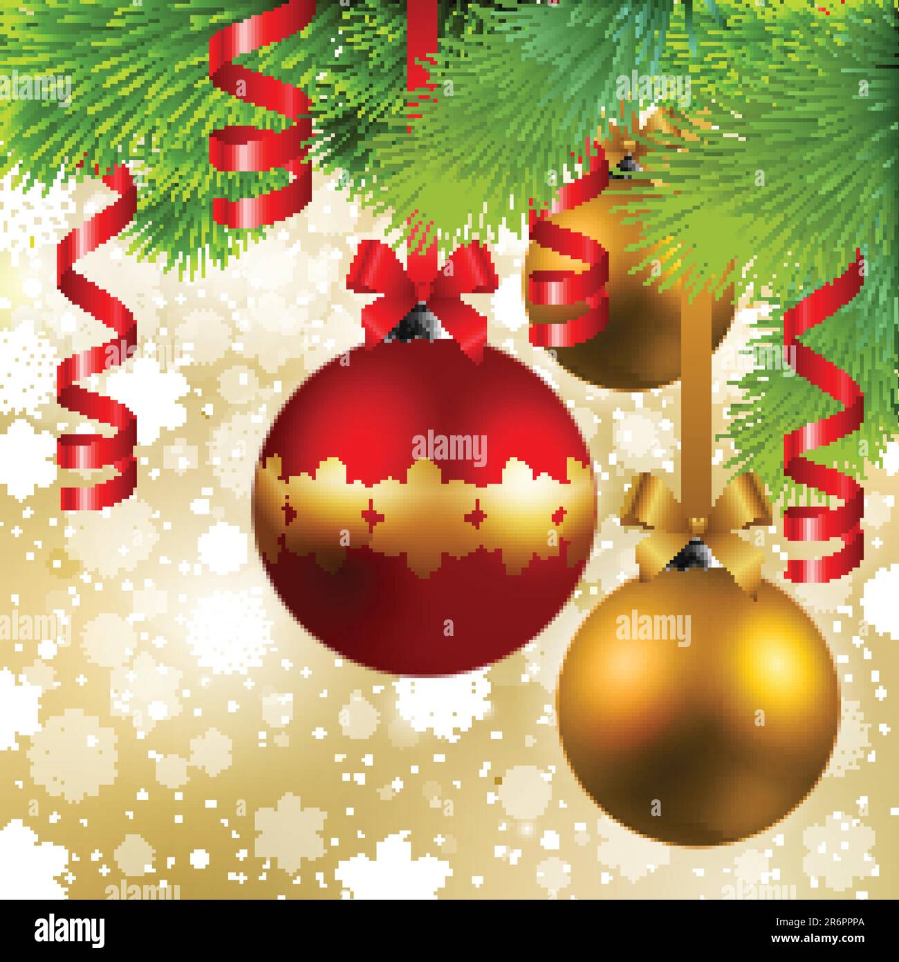christmas background with red and golden baubles and fir tree Stock ...
