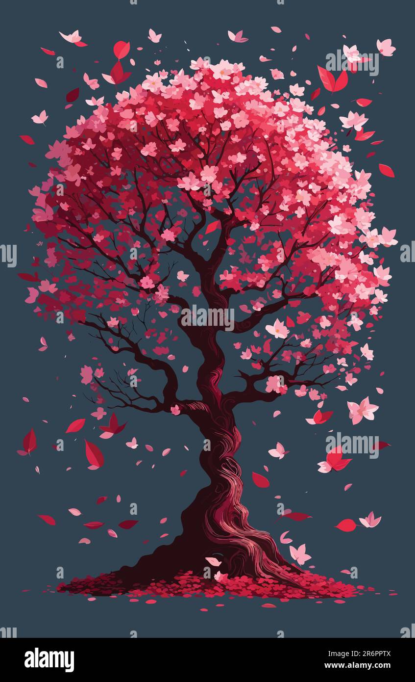 vector art of Japan Sakura or beech tree with pink color flowers and