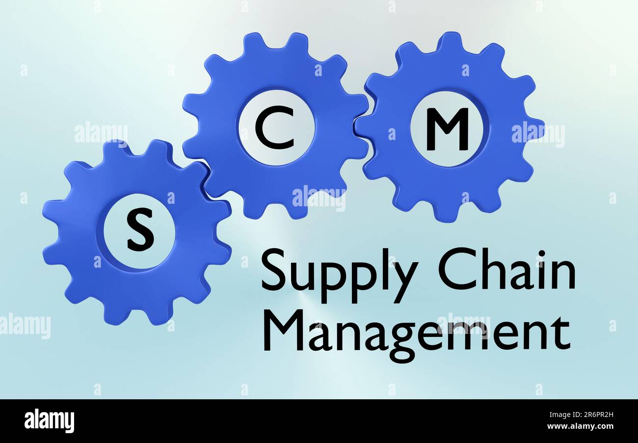 3D illustration of three blue cogwheels combined with Supply Chain Management script, isolated over pale blue background. Stock Photo