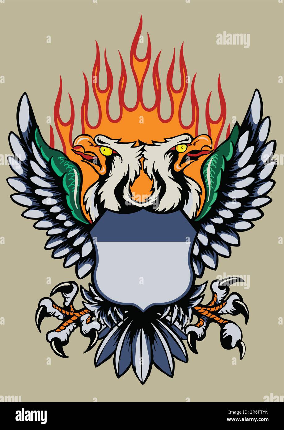 The eagle with two heads. On the front a heraldic shield. The flame as a background. Stock Vector