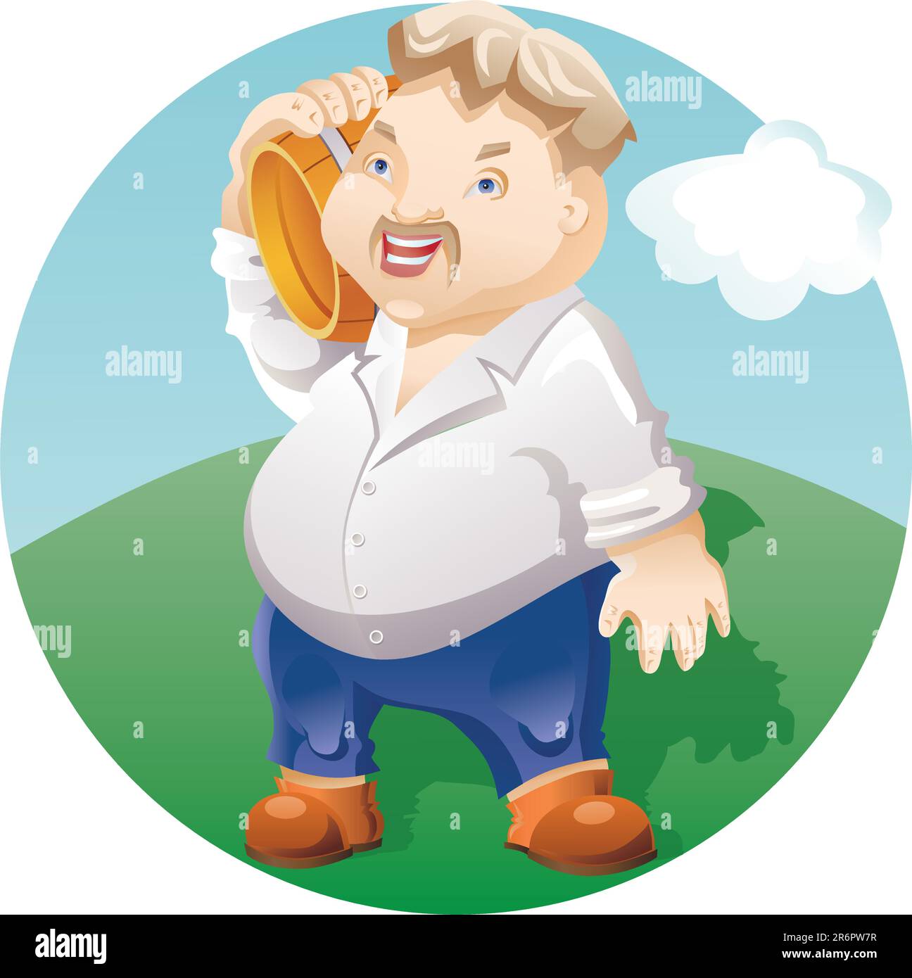 smiling cartoon man standing with a keg on his shoulder. eps8 file Stock Vector