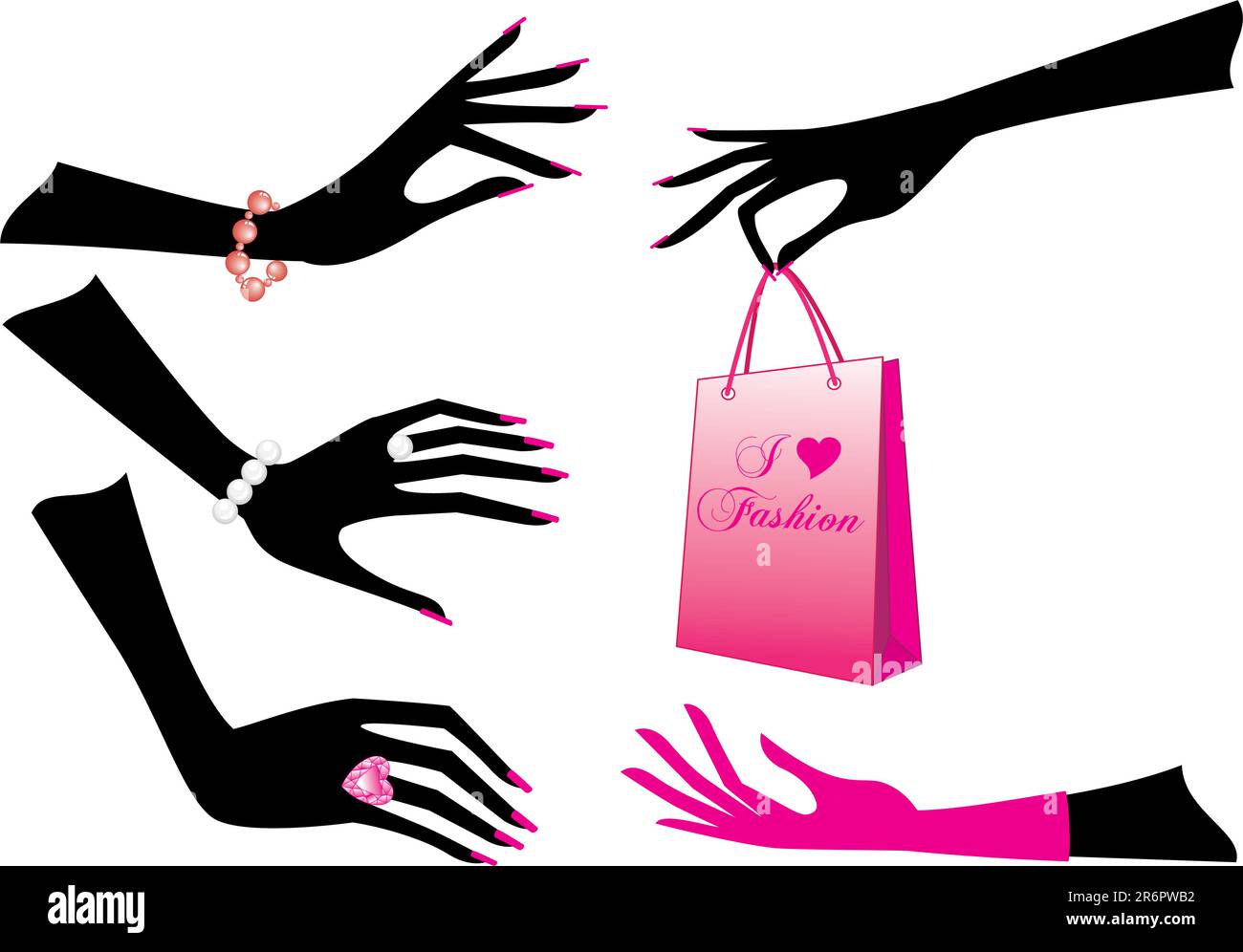 Female hands with jewels and shopping bag, vector Stock Vector