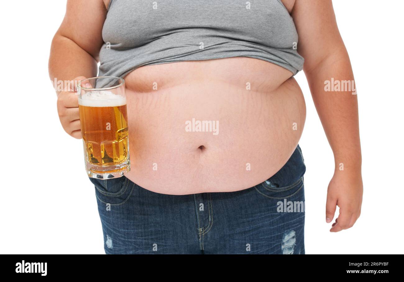 Beer, weight gain drink and plus size stomach in a studio with alcohol
