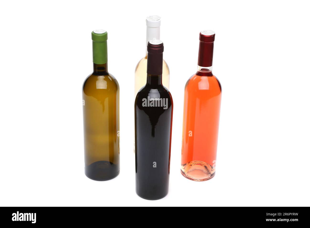 Four bottles of wine of different sorts on the white background Stock