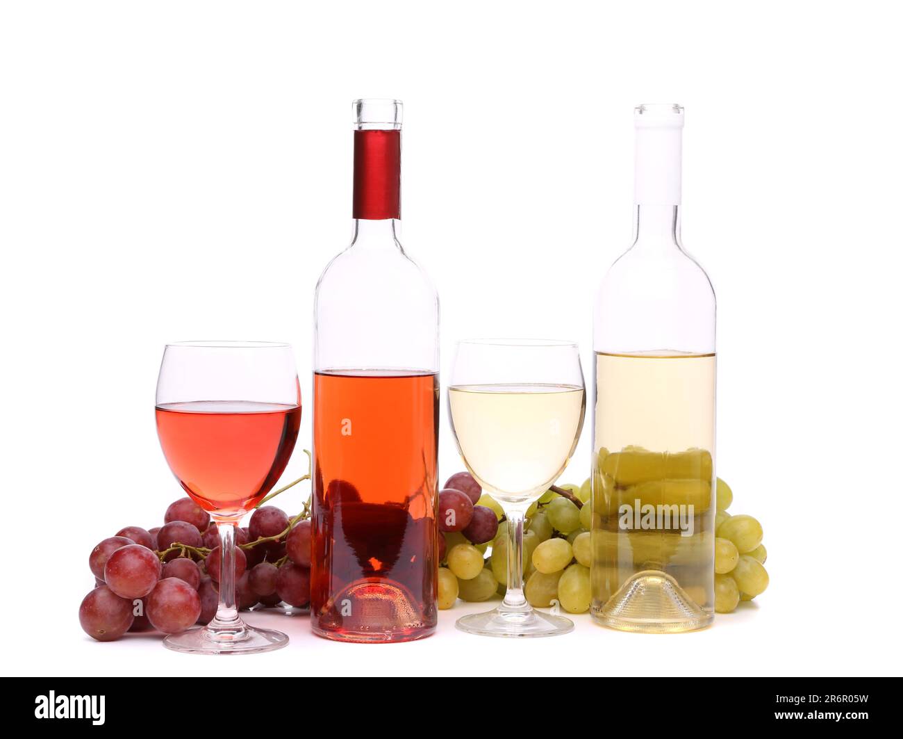 Two glass, two bottles of wine and grapes on the white bsckground Stock Photo