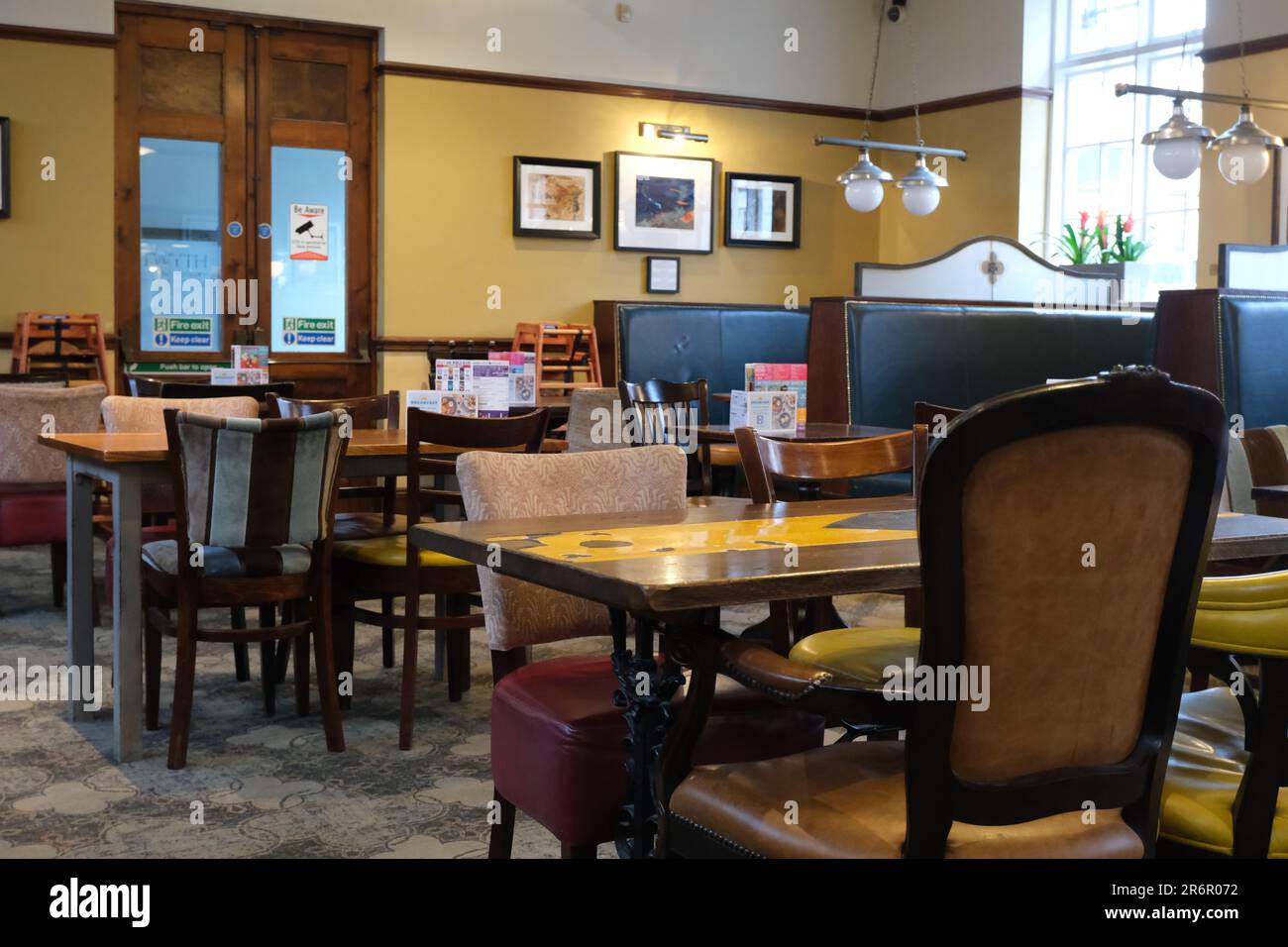 View across an empty Wetherspoons pub ready for customers Stock Photo