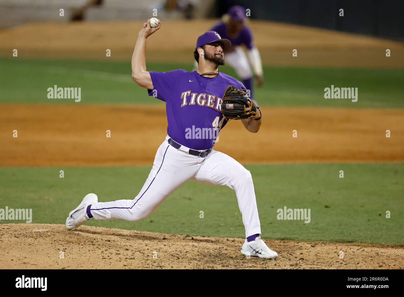 LSU infielder Jordan Thompson (4) throws to a Kentucky batter during the eight inning of an NCAA
