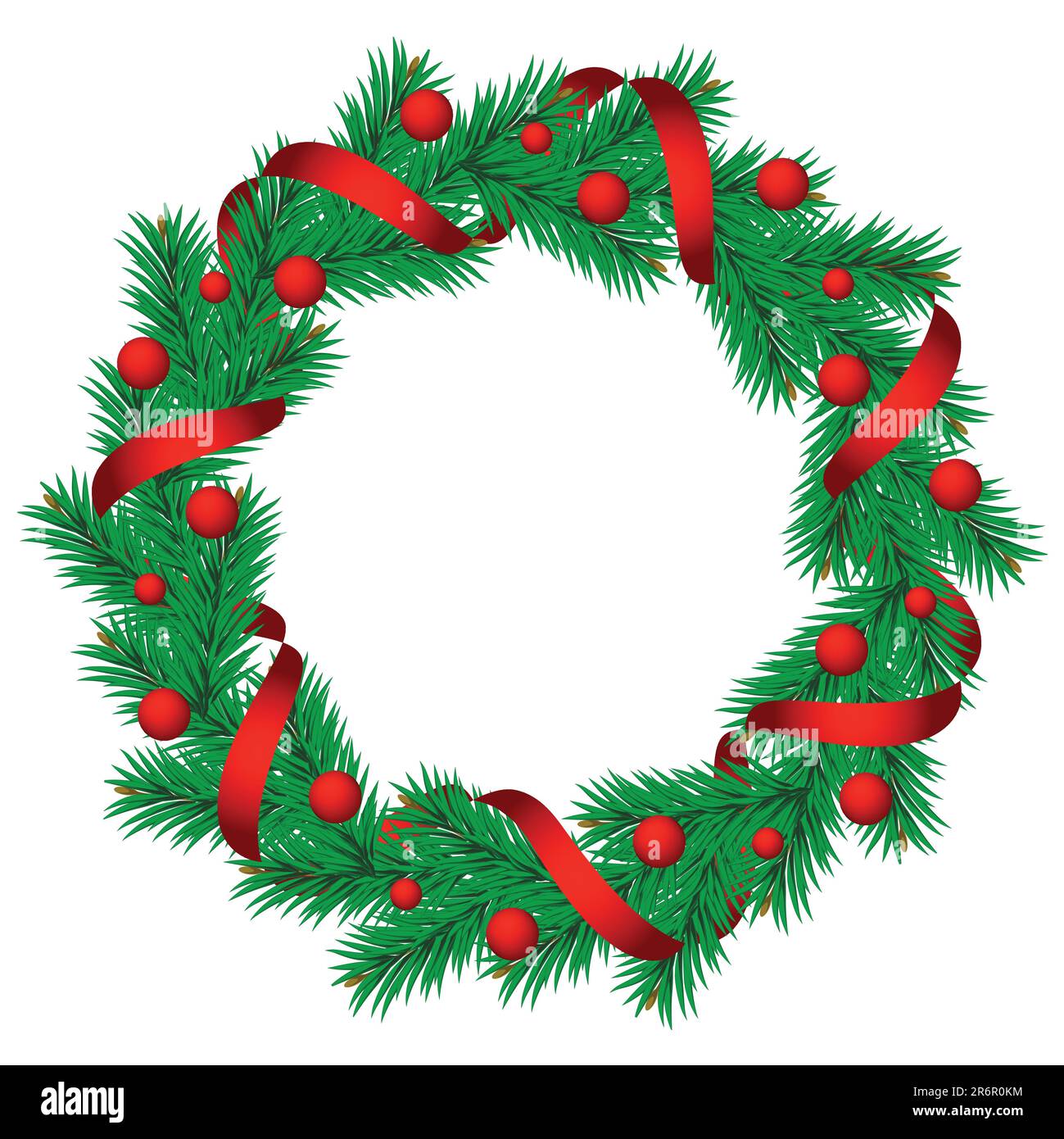 Christmas pine garland decorated with red and golden ribbons. Vector