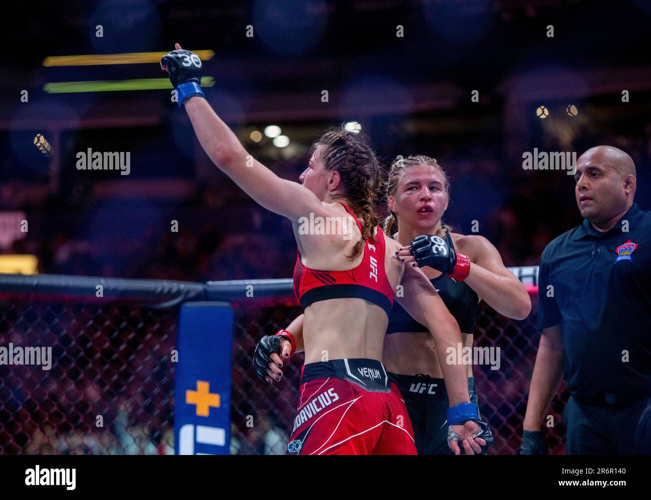 Vancouver, Canada. 10th June, 2023. VANCOUVER, BRITISH COLUMBIA - JUN 10: (L-R) Jasmine Jasudavicius celebrates her victory over Miranda Maverick during the UFC 289 event at Rogers Arena on Jun 10, 2023 in Vancouver, British Columbia. (Photo by Tomaz Jr/PxImages) Credit: Px Images/Alamy Live News Stock Photo