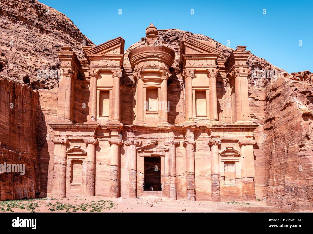 The Monastery, arguably one of the most iconic monuments in the Petra Archaeological Park in Jordan. Stock Photo