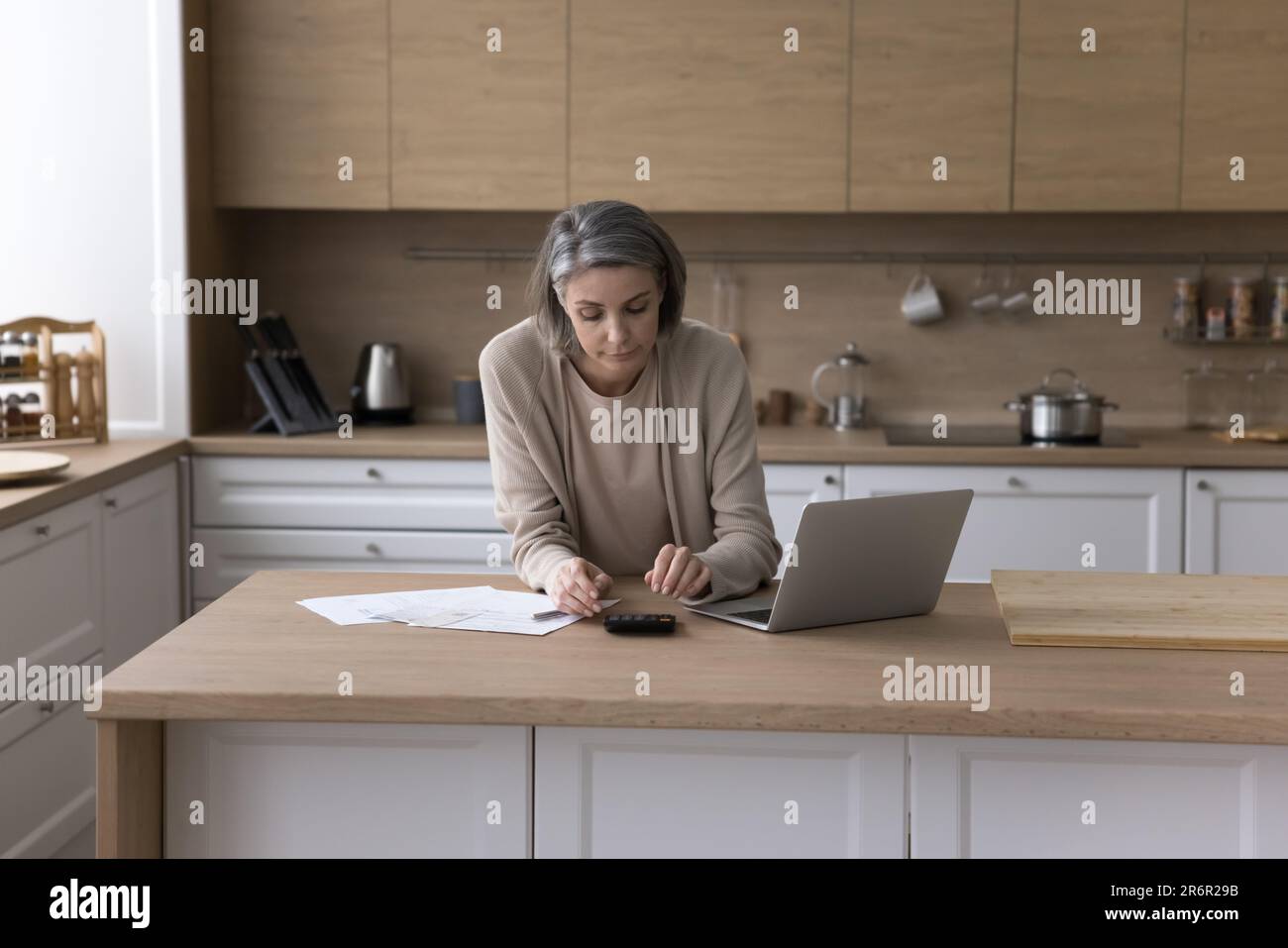 Woman calculating money grey hi-res stock photography and images - Alamy