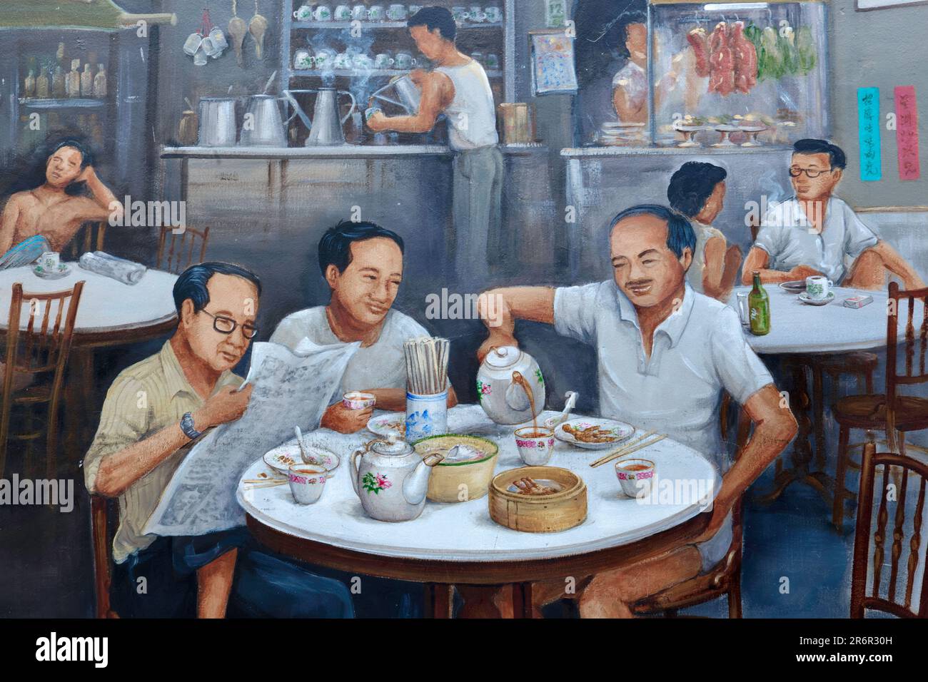 Detail of a mural by Singaporean artist Yip Yew Chong in Chinatown, Singapore, depicting a scene in a Singaporean coffee shop (kopitiam) of old Stock Photo