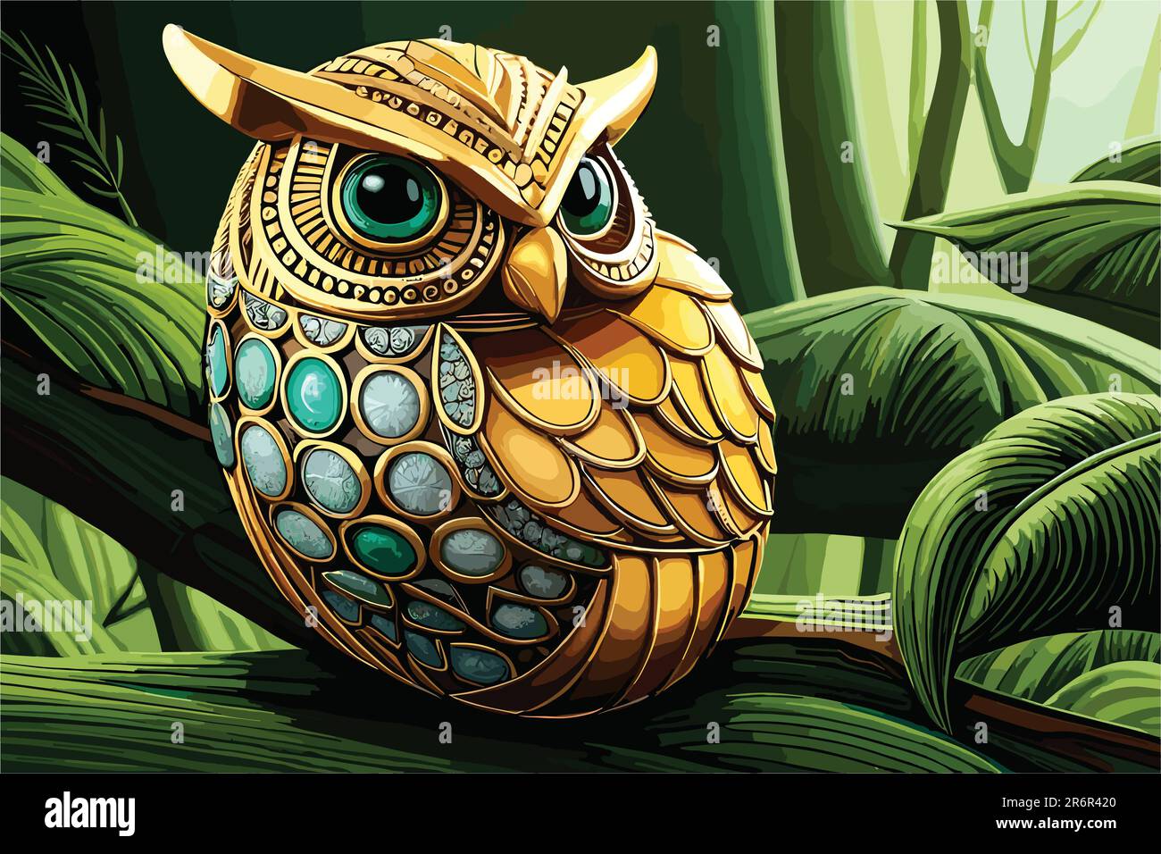 vector art of jewelry gold owl in green background with leaves Stock