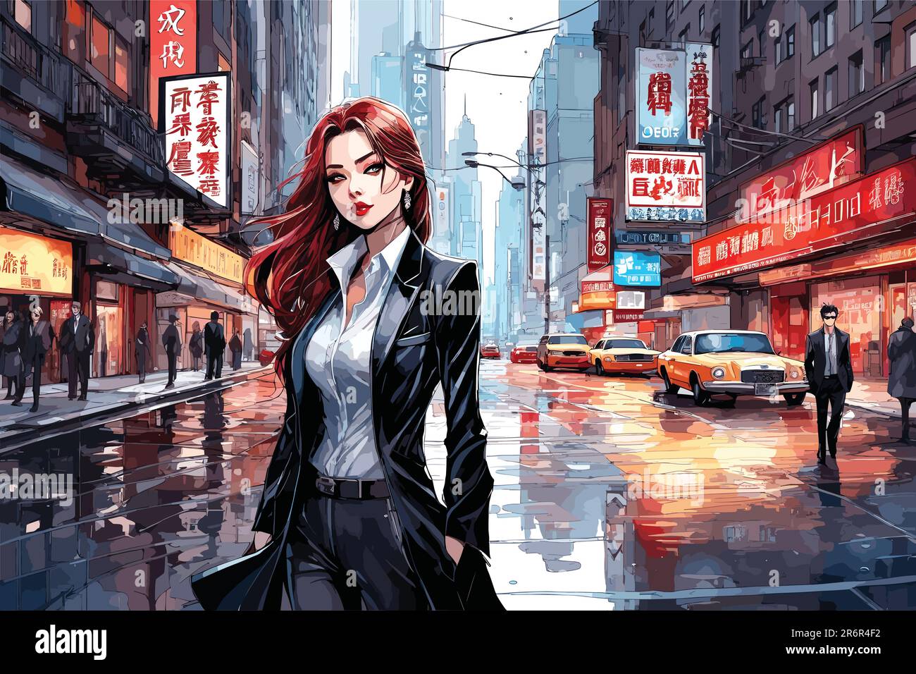 vector art of a young girl in middle of road in large city in the rainy background. Stock Vector