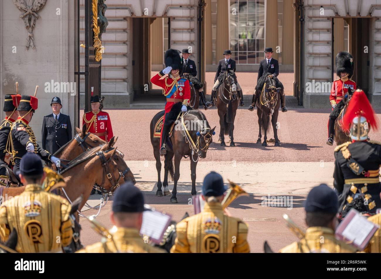 London, UK, 10 June 2023. The Colonel's Review, the final rehearsal for Trooping the Colour, takes place during the hottest day of the year so far in London with HRH The Prince of Wales attending as Regimental Colonel Welsh Guards. Stock Photo