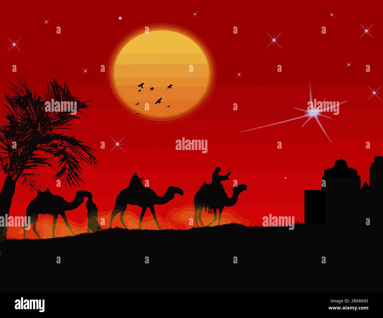 Three wise-men traveling to Bethlehem, following the star - vector illustration Stock Vector