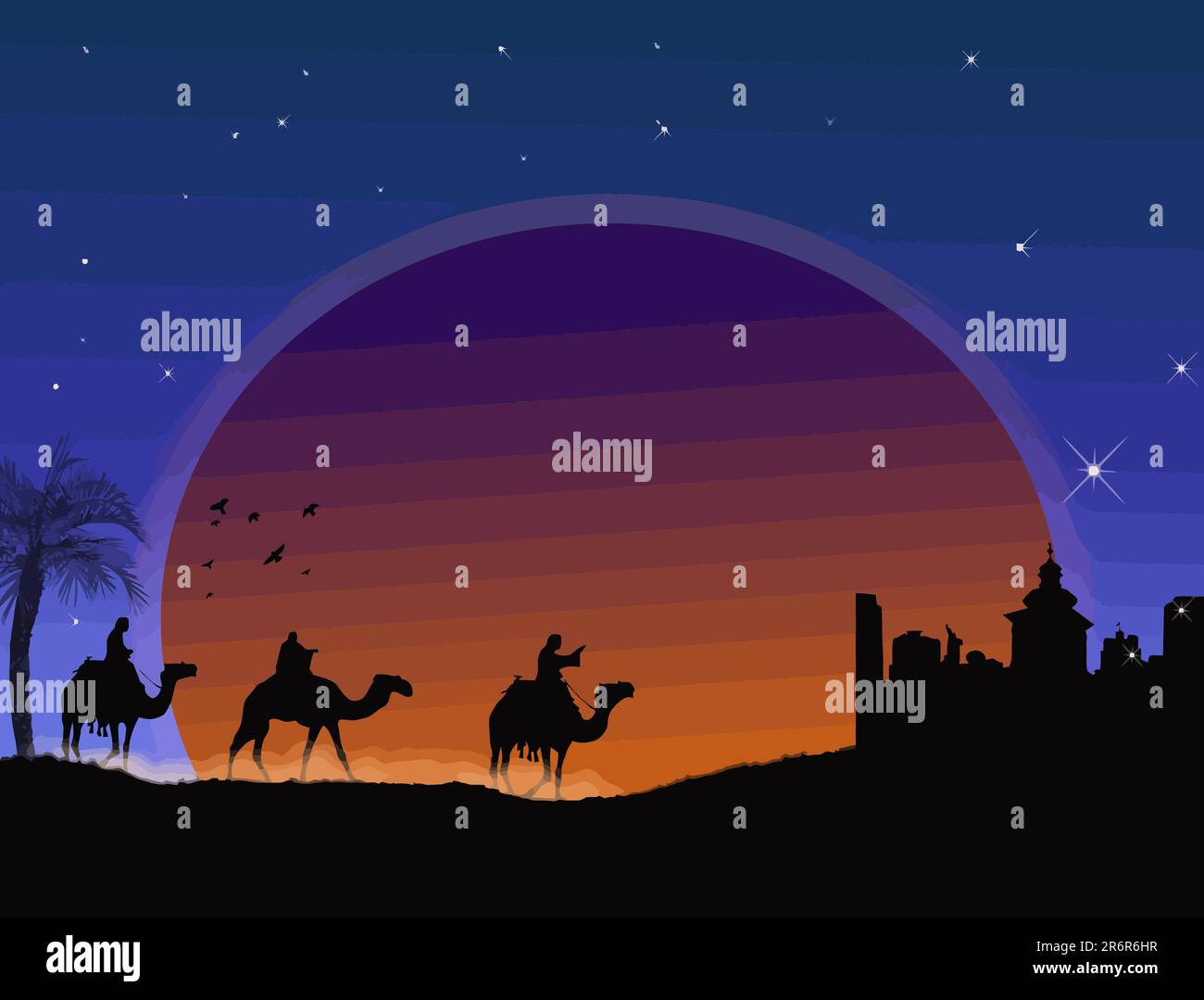 Three wise-men traveling to Bethlehem, following the star - vector illustration Stock Vector