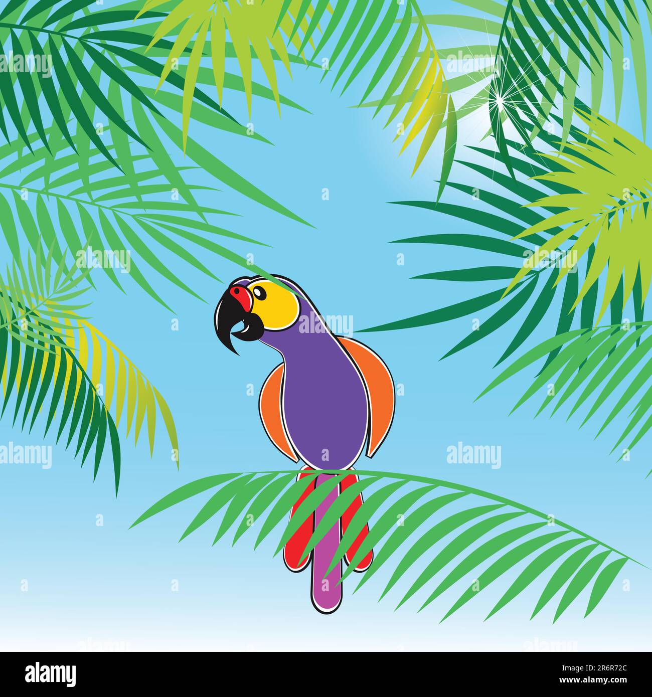 Tropical vector background with leaves of palm trees and parrot. Vector illustration. Stock Vector