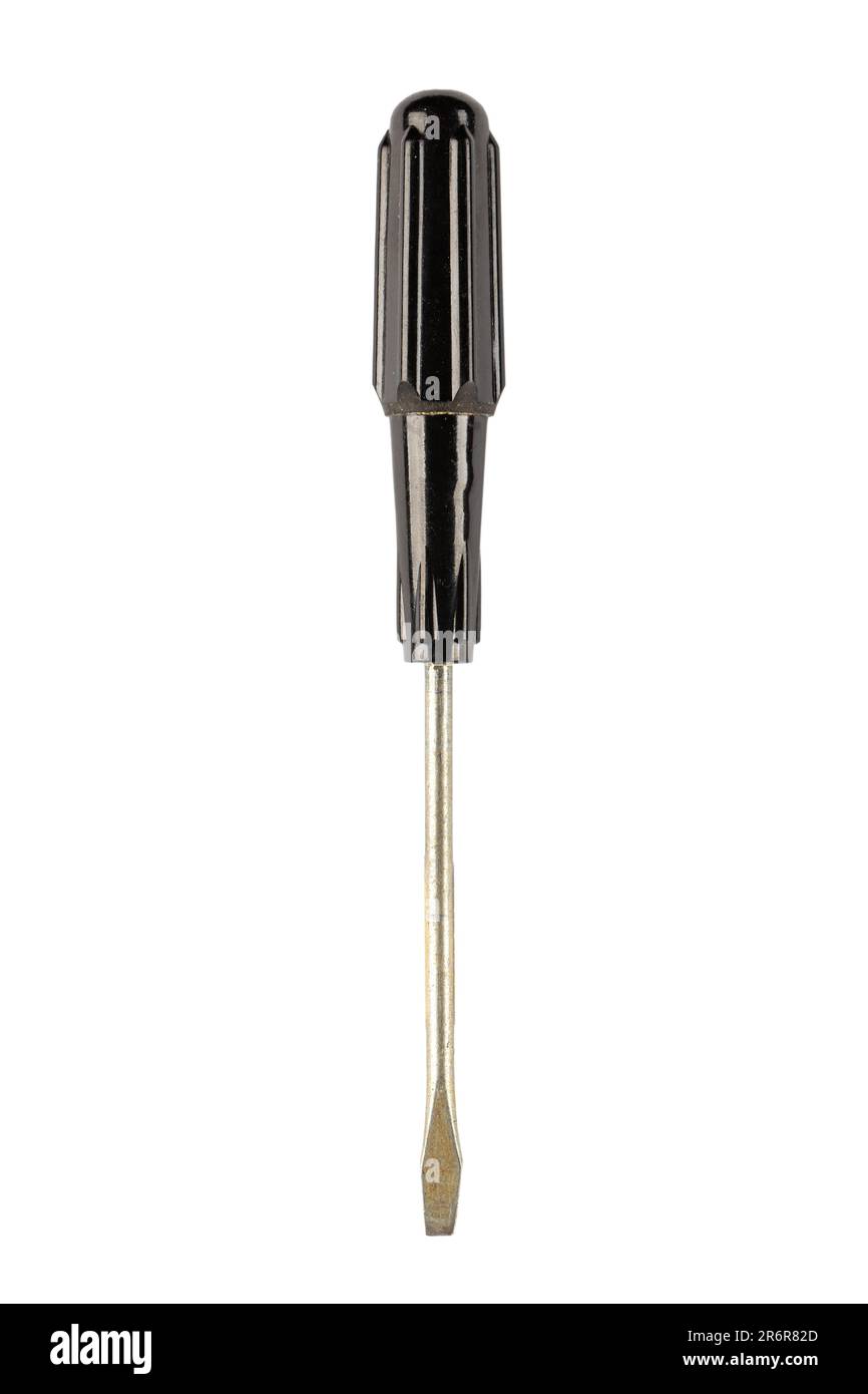 Black flat head screwdriver isolated on white background. Work tool
