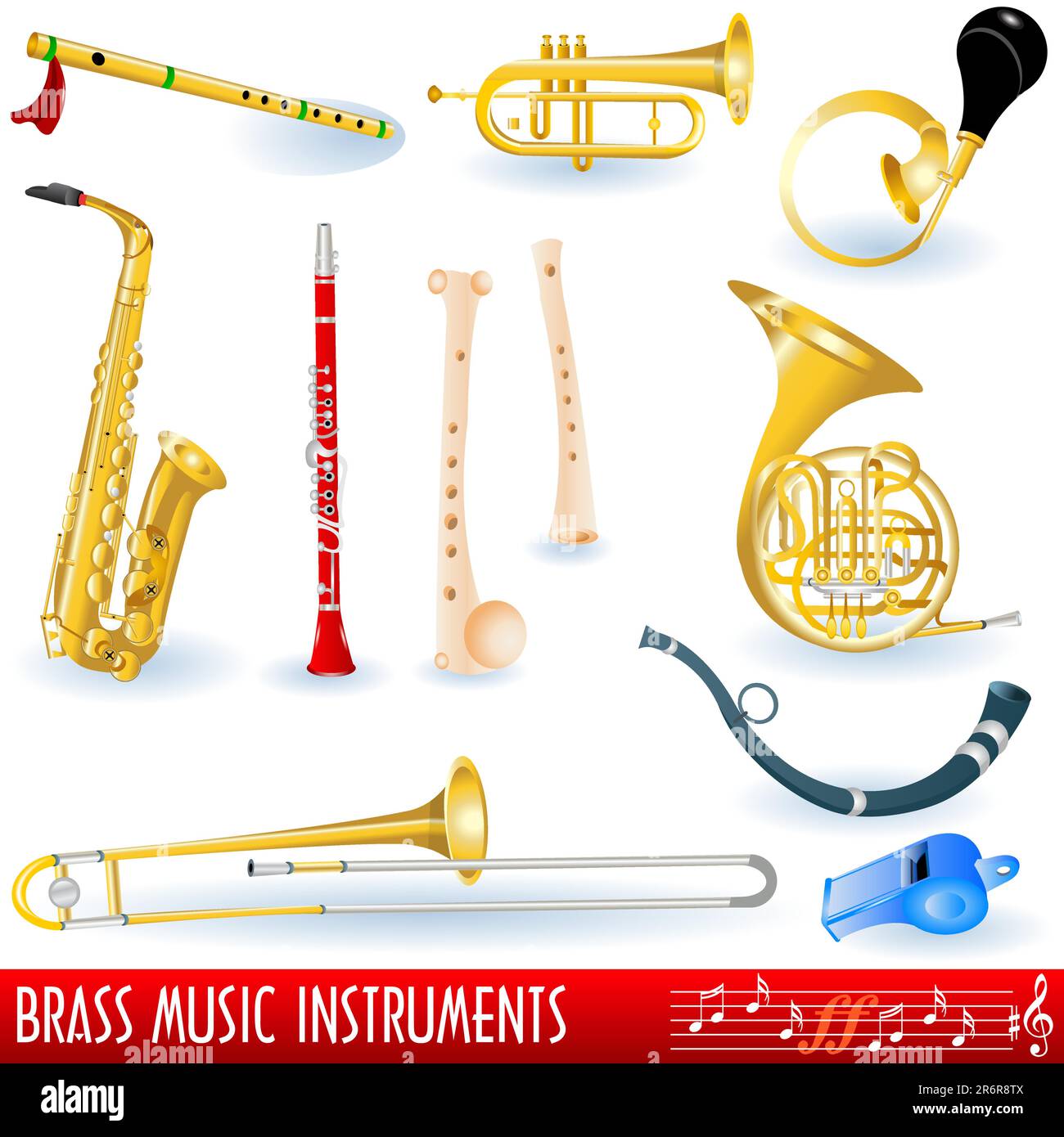 A color collection of brass (wind) musical instruments Stock