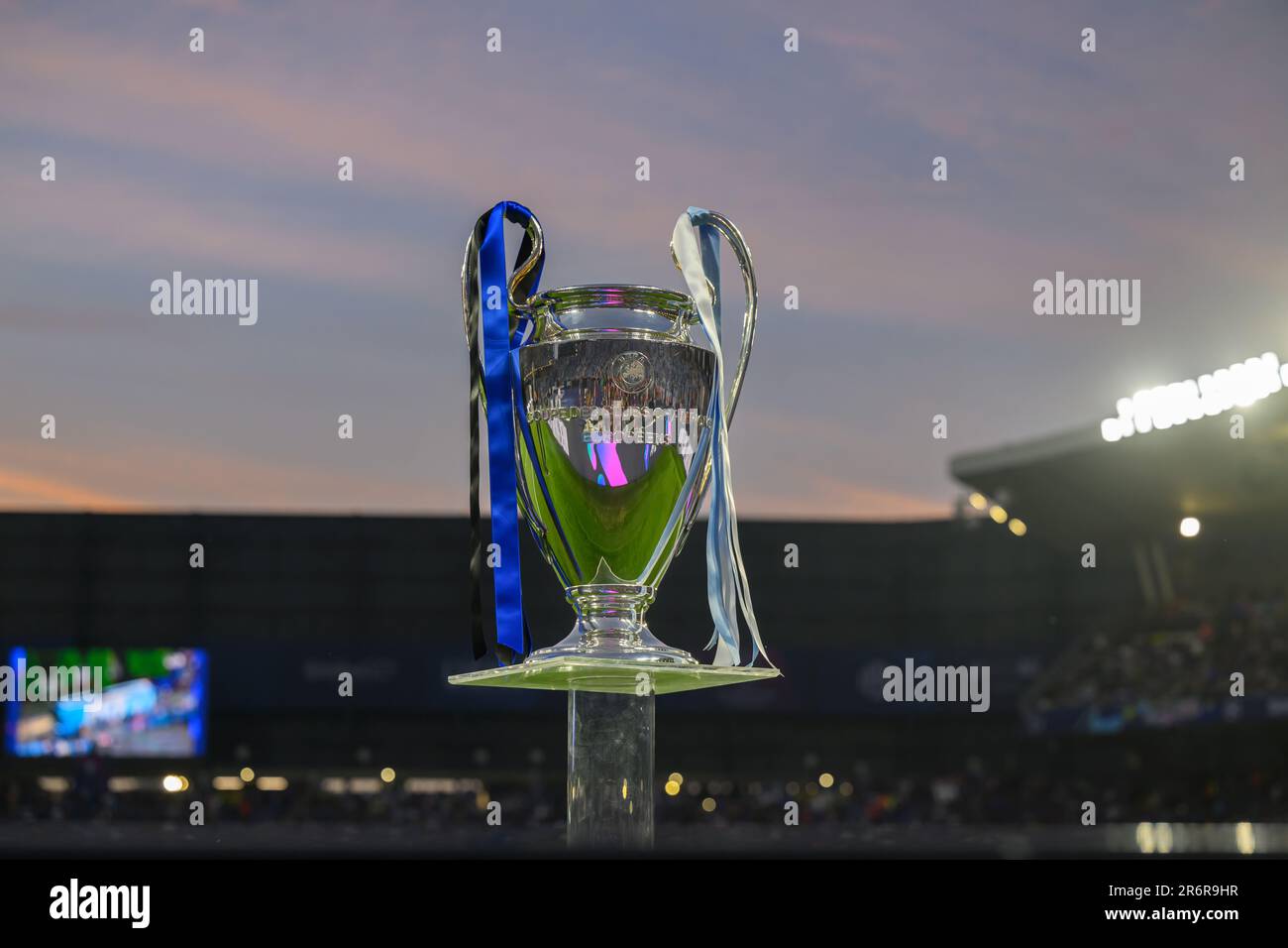 Olympic stadium the uefa champions league trophy hi-res stock