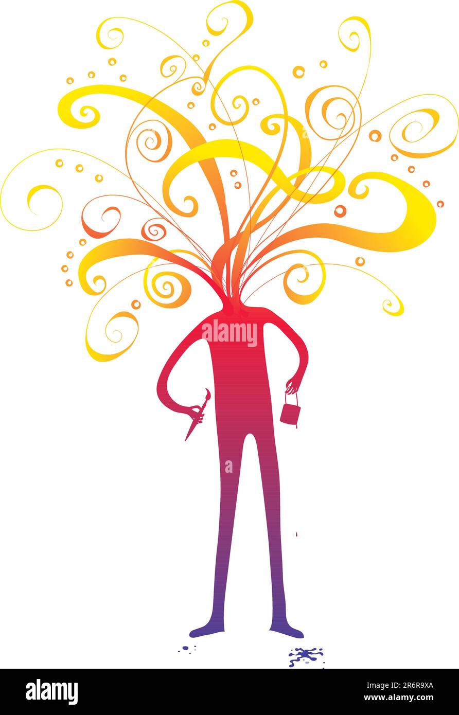 Painter with a multicolored swirls instead of the head. The creativity of the Painter go outside the head Stock Vector