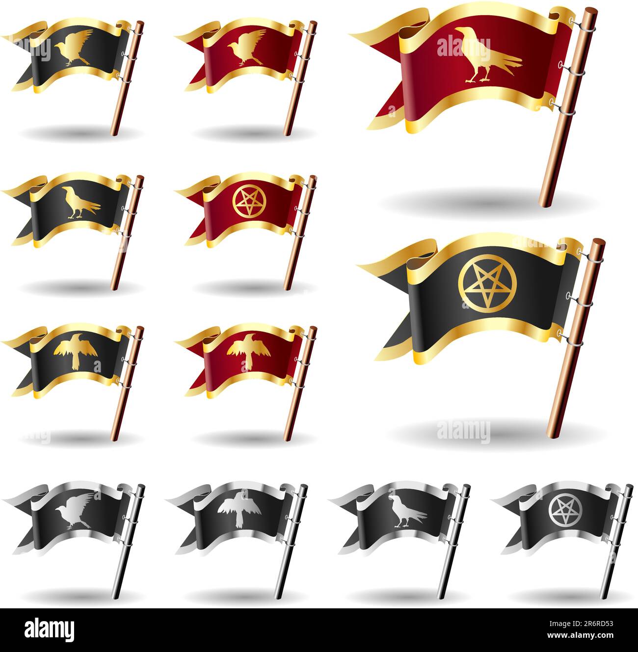 Pentagram, crow, and raven icons on vector flag button set - red and gold, black and silver, and black and gold heralds Stock Vector