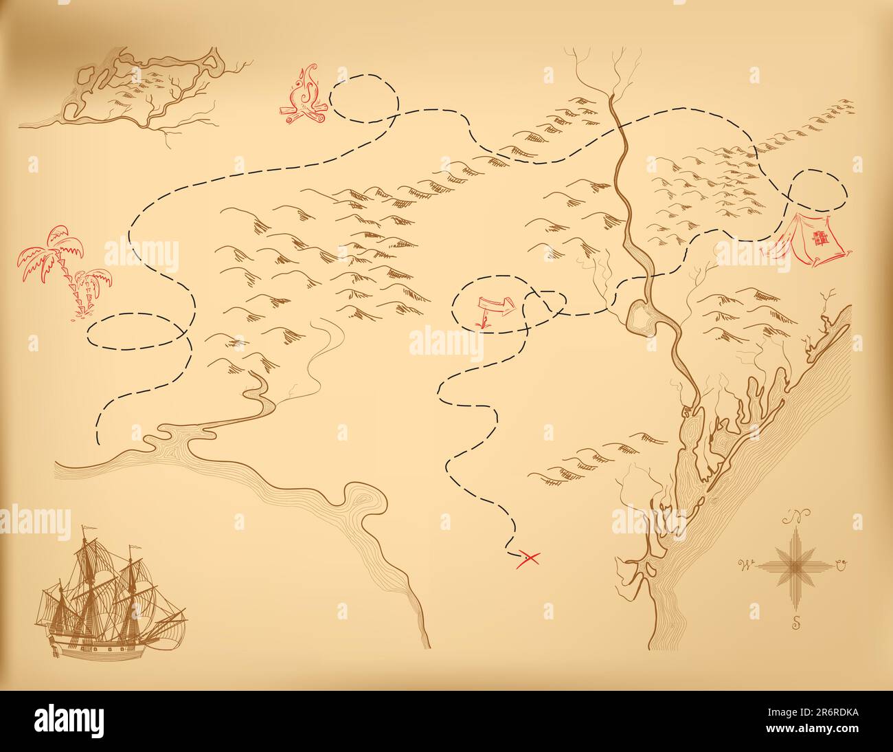 An old map of the island, indicating the route. Vector. Stock Vector