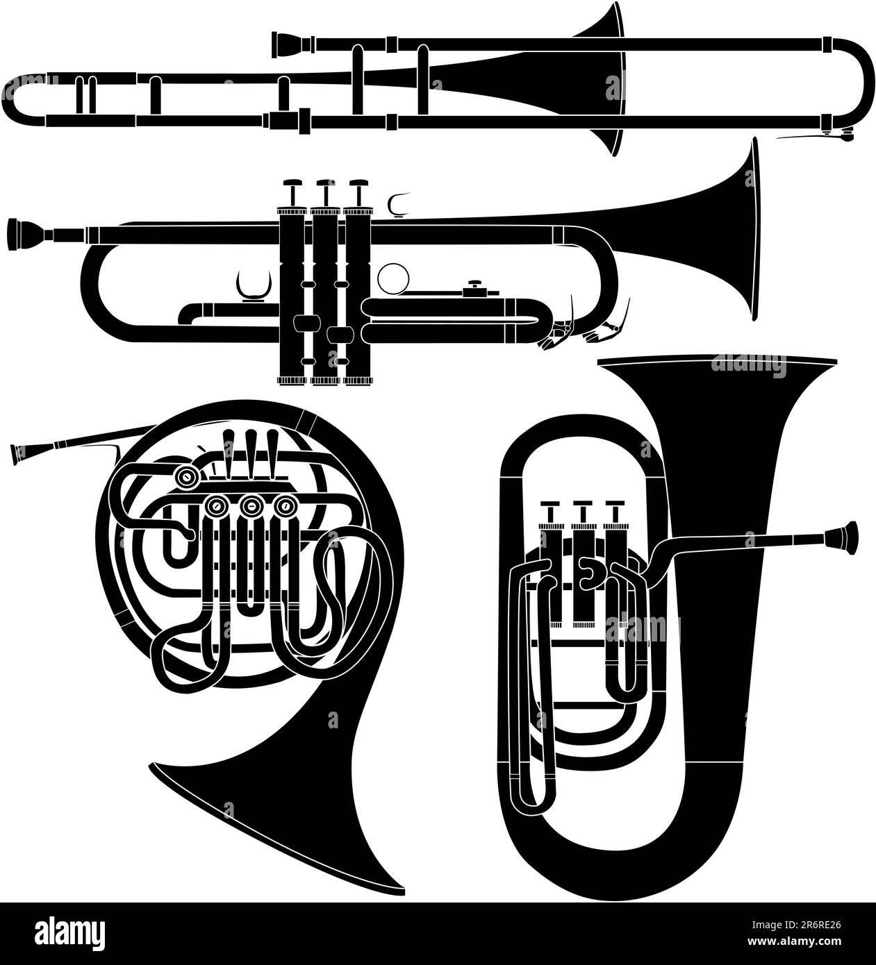 Brass musical instruments set in detailed vector silhouette Stock