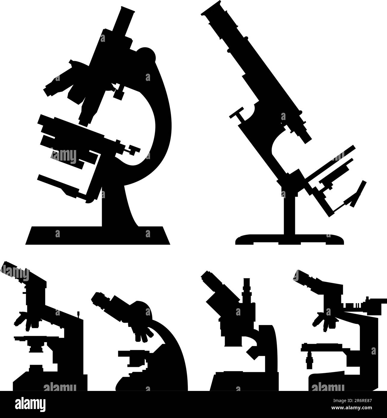 Laboratory and science microscopes in detailed vector silhouette - multiple models and angles Stock Vector