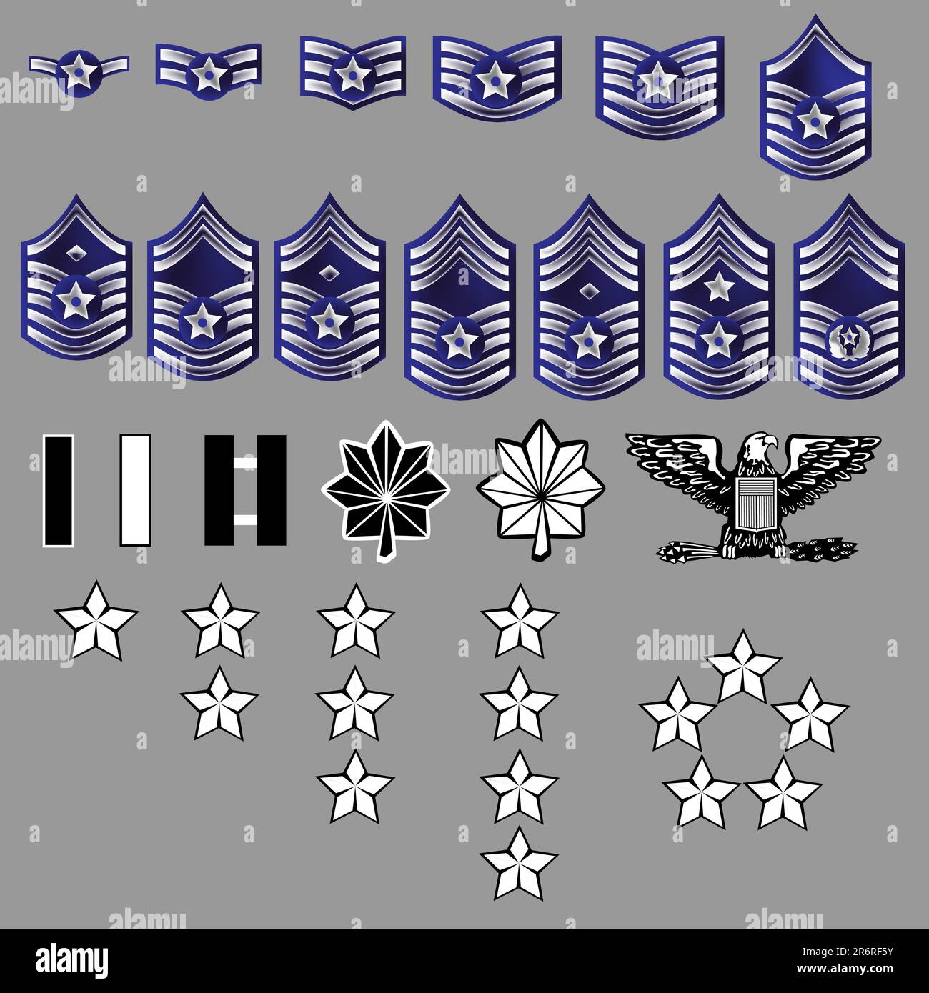 US Air Force rank insignia for officers and enlisted in vector format with texture Stock Vector