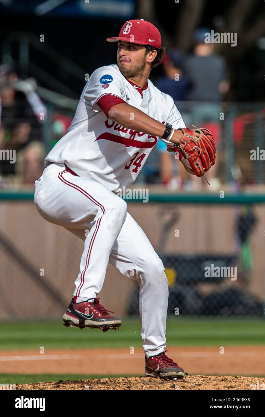 Palo Alto, USA. 10th June, 2023. June 10 2023 Palo Alto CA U.S.A. Stanford  pitcher Ryan Bruno (34) delivers the ball during the NCAA Super Regional  Baseball game between Texas Longhorns and