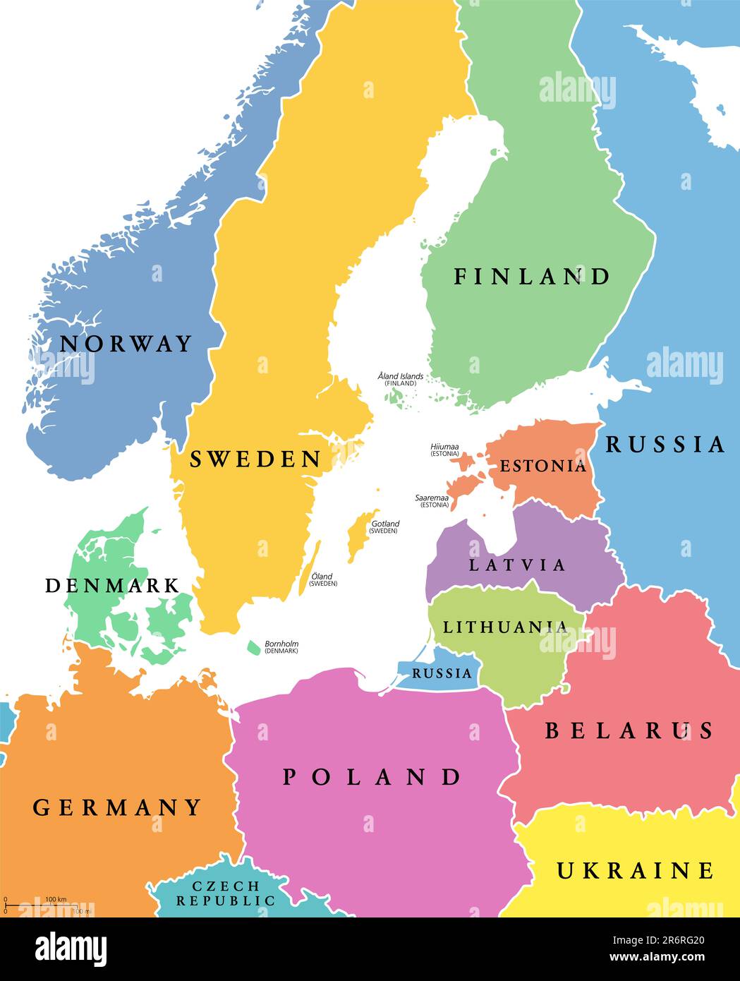 Baltic Sea area, colored countries, political map, with national borders and English names. Countries along the coast of the Baltic Sea. Stock Photo