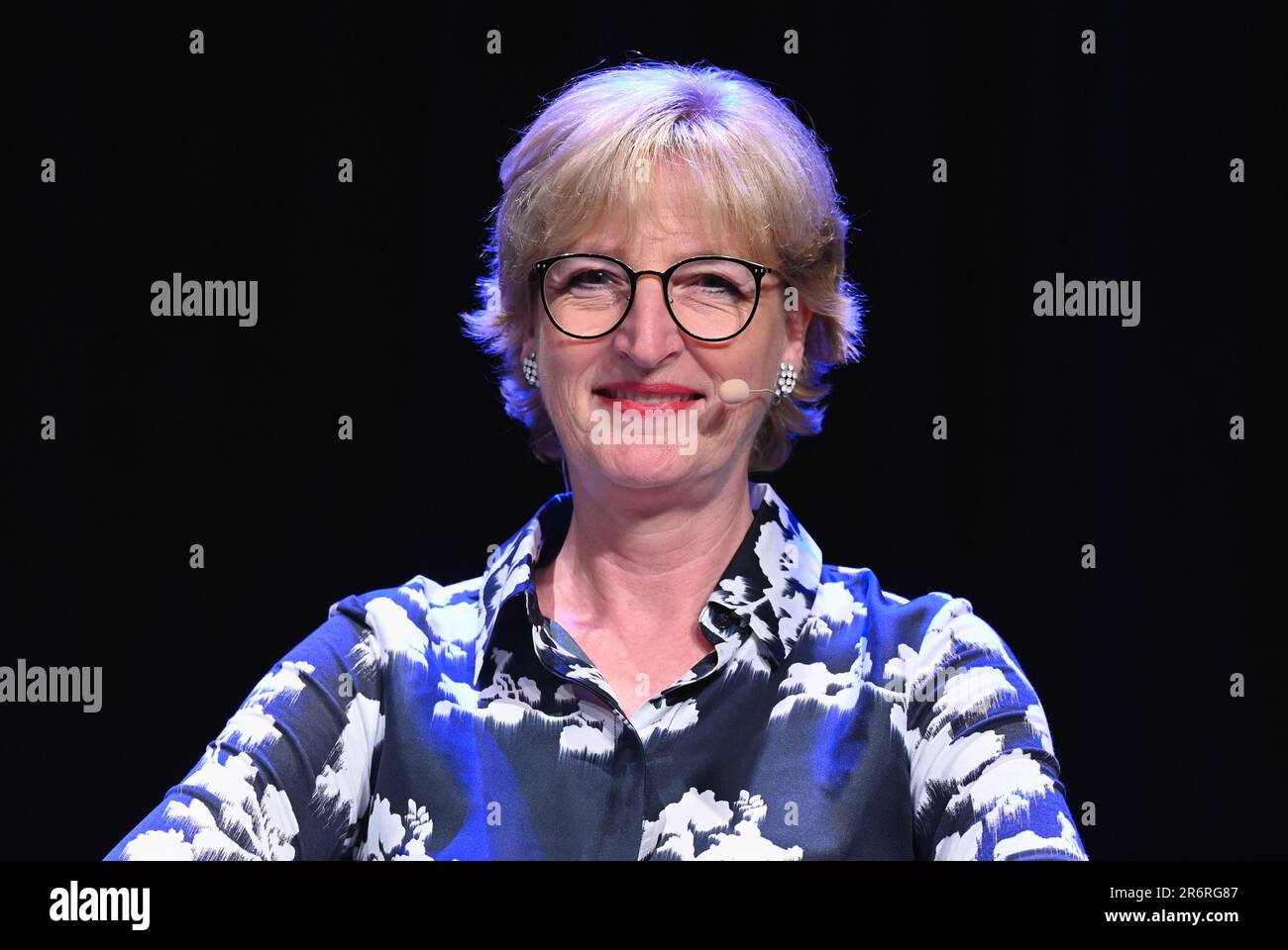 Cologne, Germany. 10th June, 2023. Medical ethicist Christiane Woopen, Director of the Center for Life Ethics at the University of Bonn and Chair of the European Ethics Council speaks on the panel at Phil.Cologne. Credit: Horst Galuschka/dpa/Alamy Live News Stock Photo