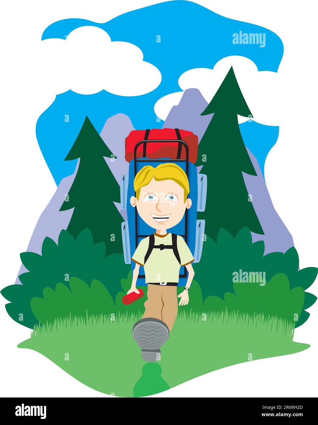 Vector illustration of a boy hiking in the mountains. Stock Vector