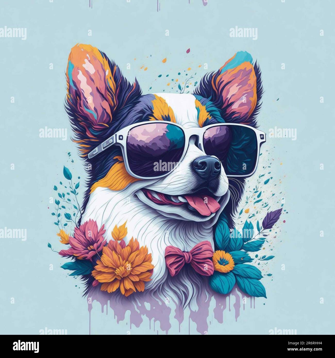 Illustration of funny dog head wearing with sunlasses and decorated with flowers Stock Photo Alamy