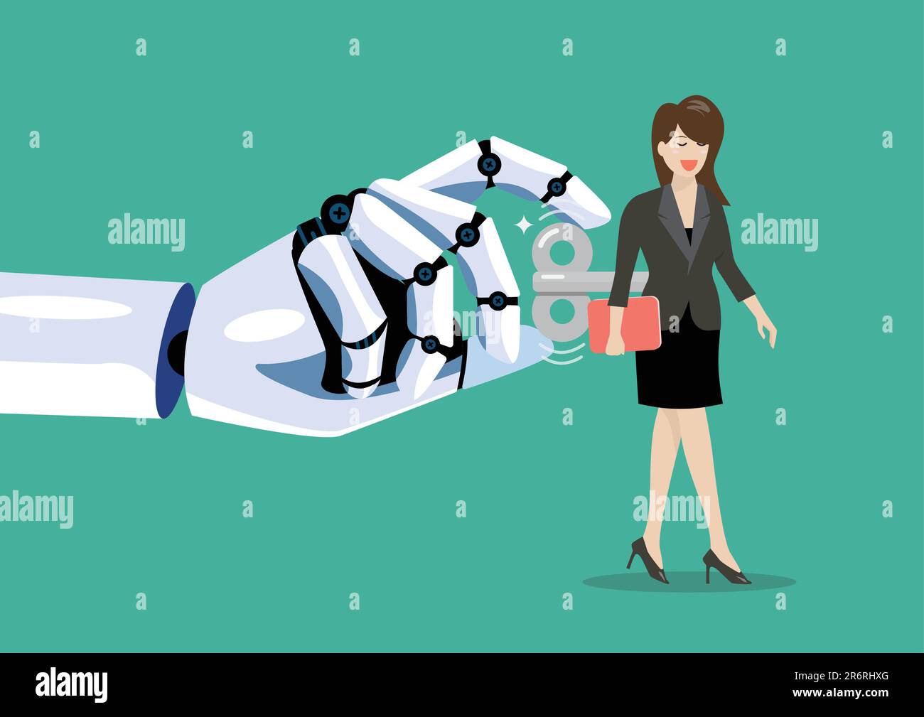 Robot hand turns on business woman with wind-up key in her back. Digital disruption concept. Vector illustration Stock Vector