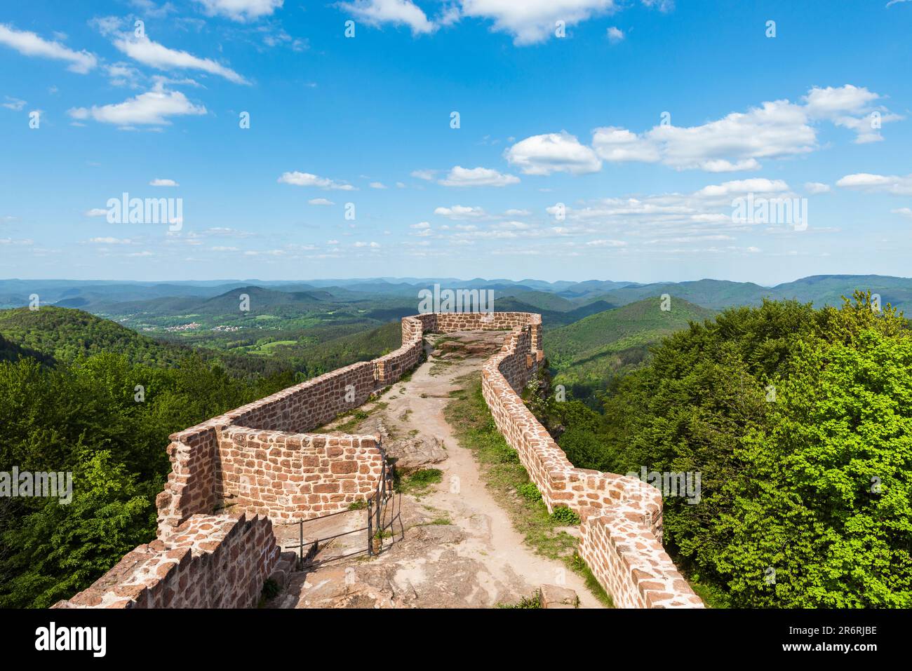 View over Wegelnburg castle ruins and the sun shining on the Palatinate Mountains panorama in spring, Rhineland-Palatinate, Germany Stock Photo