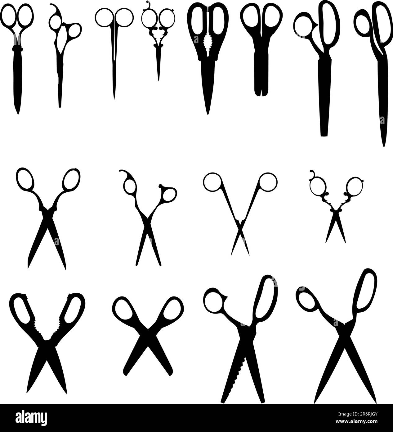 Detailed vector illustrations of a variety of different scissors and