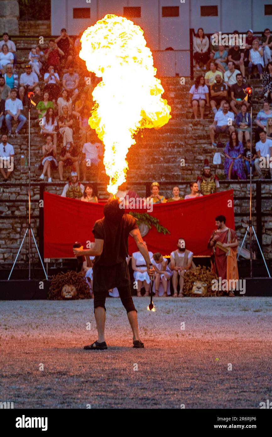 This year's first spectacular Spectacvla Antiqva, which takes place in the Roman amphitheatre, Arena Pula, recreates gladiator fights. These gladiator fights are just as attractive and interesting as in Roman times. Spectacvla Antiqva introduces its spectators to the tradition that dates back to the 4th century BC. Gladiator fights in the Arena evoke the spirit and mentality of ancient times; revive the days of gladiator fights, which were carefully organized and extremely popular, yet brutal with no mercy. Today's gladiators fight with real weapons, dressed in authentic clothing, wearing prot Stock Photo